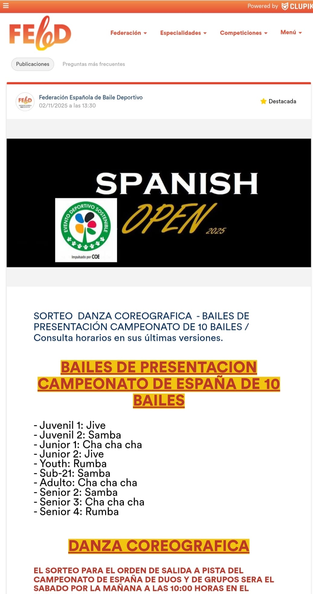 CAMPEONATO DE ESPAÑA DE 10 BAILES Y DE DANZA COREOGRAFICA DE 2025    /   29  Y 30 DE NOVIEMBRE GUADALAJARA